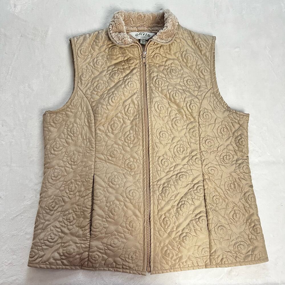 Orvis women’s tan floral quilted fleece lined vest size small